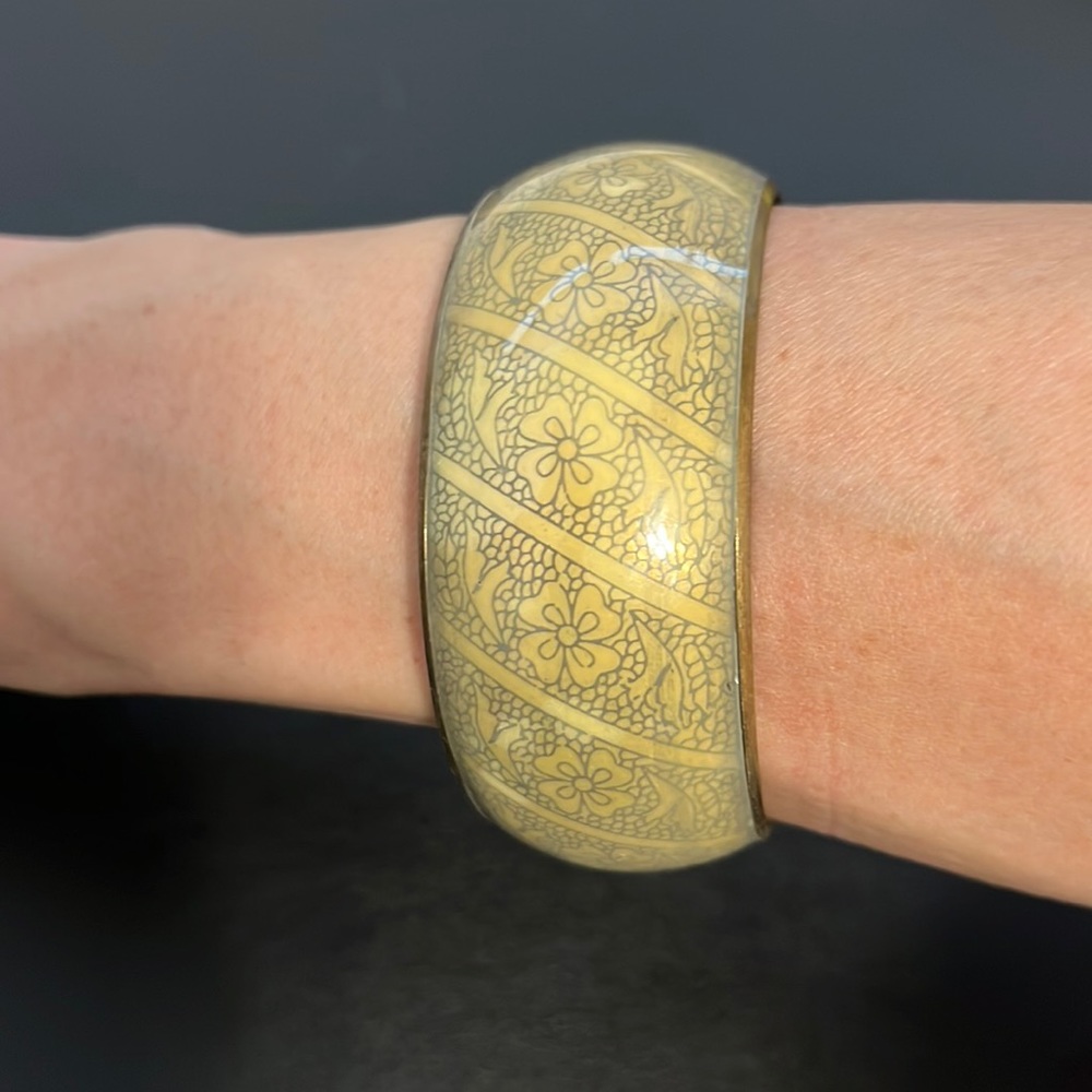 Vintage Gold and Enamel Bangle Bracelet, Floral, Boho, Retro